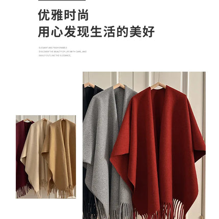 Women Split‑Open Woolen Tassel Poncho Shawl Thick Warm Cape Coat Autumn Winter Travel Photography Outer Wrap