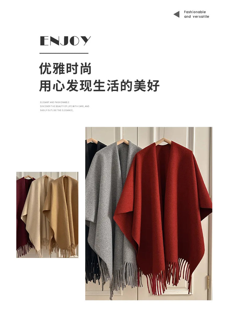 Women Split‑Open Woolen Tassel Poncho Shawl Thick Warm Cape Coat Autumn Winter Travel Photography Outer Wrap