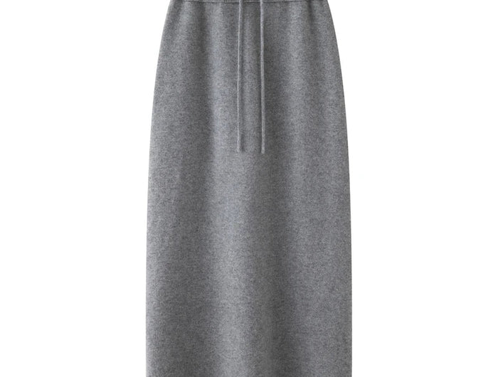 Women Pure Cashmere Long Skirts Autumn Winter Straight Ankle Length Thick Skirts 100% Cashmere Knit Drawstring and Split Skirts PlatiNum