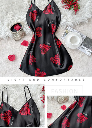 Camicia da notte sottoveste in raso con stampa labbra rosse per San Valentino, mini abito da notte senza schienale con scollo a V, abiti da notte da donna