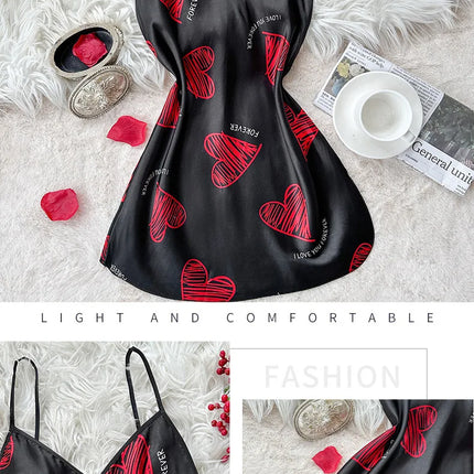 Camicia da notte sottoveste in raso con stampa labbra rosse per San Valentino, mini abito da notte senza schienale con scollo a V, abiti da notte da donna