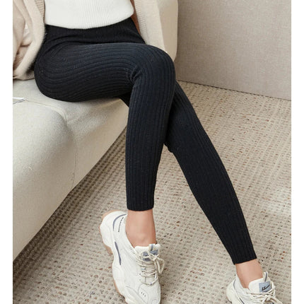 100% Merino Wool Striped Leggings Women's Winter Warm Knitted Tights Solid Color Women's Trousers PlatiNum