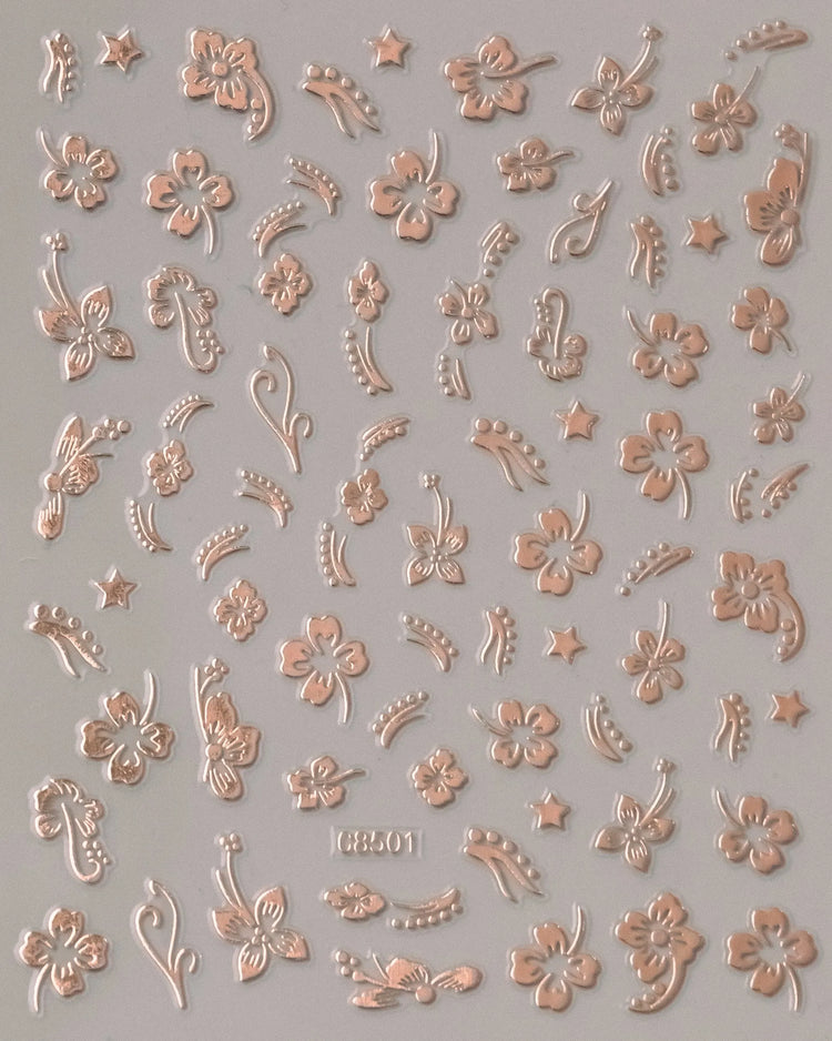 5D Hibiscus Flower Nail Embossed Sticker Acrylic Pink White Gold Petal Leaf Adhesive Decal Butterfly Dragon Floral Elegant Decor