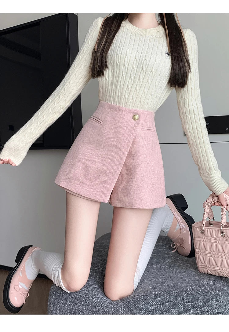 Autumn New Solid Woolen Shorts Skirt For Women 2025 New Fall Winter Small Fragrant Style Buttons Deco High Waisted Tweed Shorts