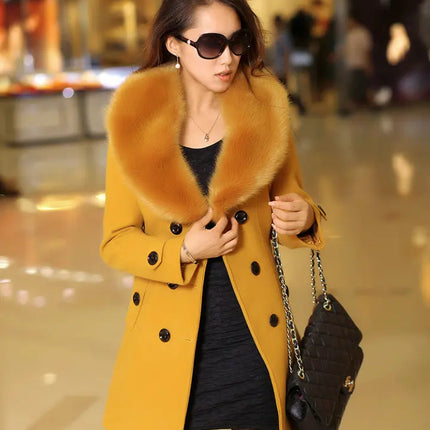 Mid Length Wool Coats Women Fur Collar Splice Blends Korean Full Sleeve Double Breasted Lace Up Belt Thick Warm Winter Jackets
