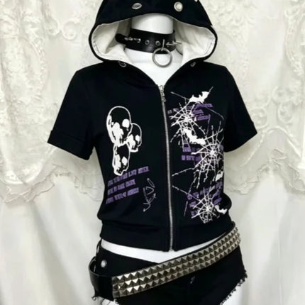 Japanese Gothic Vintage Punk Women Hoodie Striped Patchwork Cat Print Hollow Out Slim Long Sleeve Soft Pullovers 2025 Autumn New