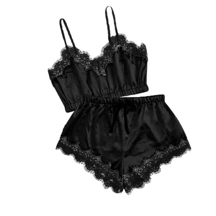 Pigiama da donna sexy nero in raso 4 pezzi di pizzo di seta reggicalze pantaloncini abito pigiama set camicia da notte biancheria intima camicia da notte vestito