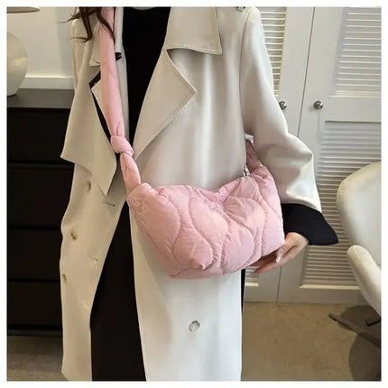 Puffer Shoulder Bag for Women Soft Down Cotton Padded Tote Handbag Purse Quilted Cross Body Bag Solid Color Bubbles Cloud Bag PlatiNum