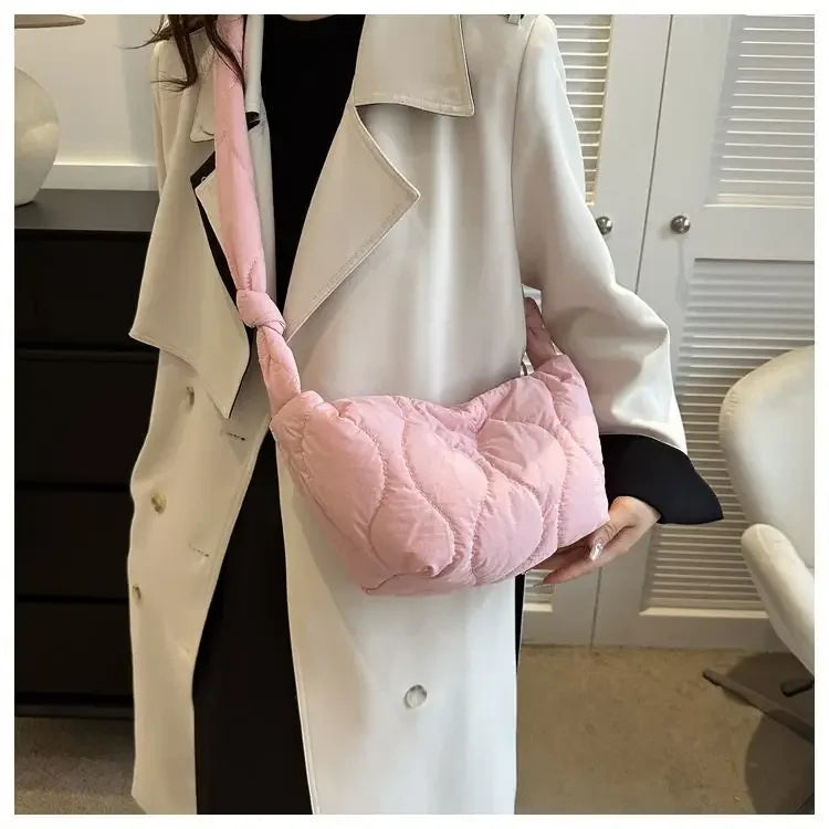 Puffer Shoulder Bag for Women Soft Down Cotton Padded Tote Handbag Purse Quilted Cross Body Bag Solid Color Bubbles Cloud Bag PlatiNum