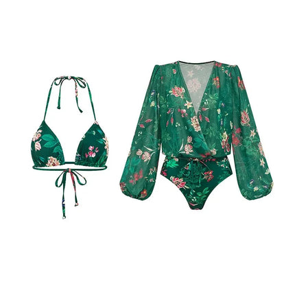 Costume da Bagno Bikini a Vita Alta da Donna, Sexy, Verde Stampato, in Rete, a Maniche Lunghe, Set Estivo di Lusso per la Spiaggia platinumshop