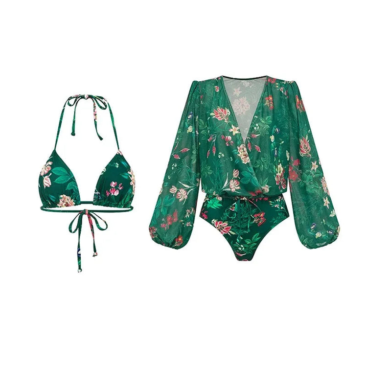 Costume da Bagno Bikini a Vita Alta da Donna, Sexy, Verde Stampato, in Rete, a Maniche Lunghe, Set Estivo di Lusso per la Spiaggia platinumshop