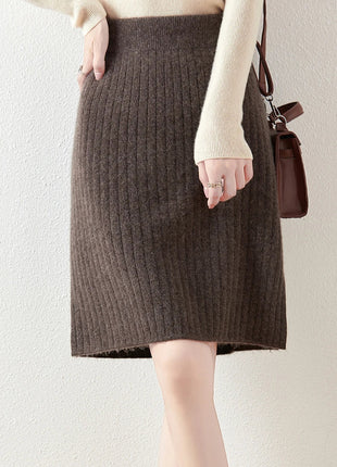 Autumn Winter Women Wool Skirt Elastic Waist Mini Slim Fit Cashmere Skirts 100% Merino Wool Knitted Office Lady Above Knee Dress PlatiNum