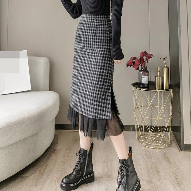 Woolen plaid skirt autumn and winter 2025 new plaid foreign style small man a word hip wrap medium and long skirt PlatiNum