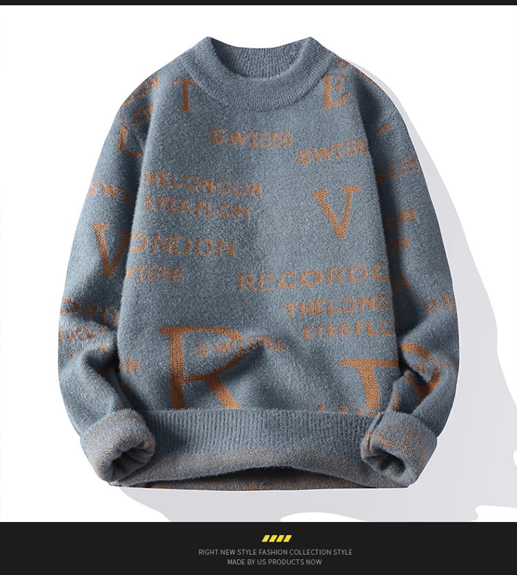 Fashion Letter Sweater For Mens Pullover O-Neck Slim Fit Jumpers Knitwear Warm Winter Korean Style Casual Mens Clothes