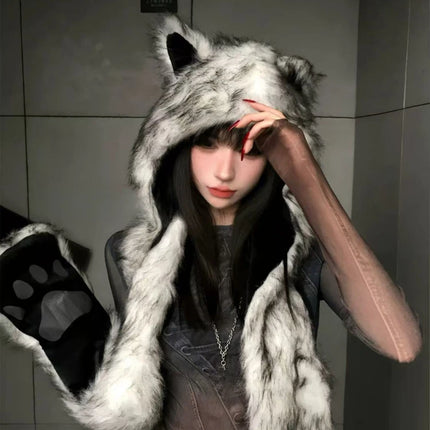 Japanese Kawaii Cute Fur Scarf Hat Winter Keep Warm Y2k Aesthetic Fashion Vintage Cap Bears Ears Women Hats Grunge Streetwear