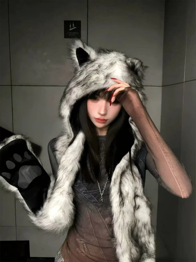 Japanese Kawaii Cute Fur Scarf Hat Winter Keep Warm Y2k Aesthetic Fashion Vintage Cap Bears Ears Women Hats Grunge Streetwear