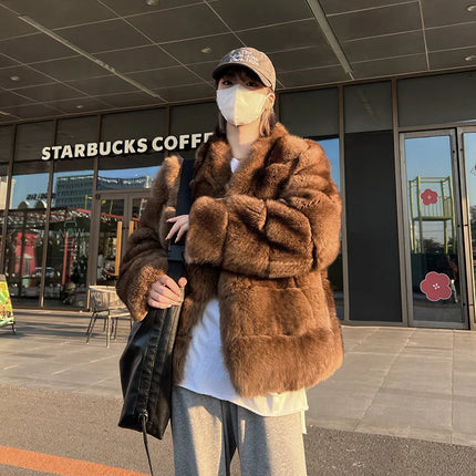 ZADORIN New Winter Faux Mink Coat Woman Elegant V Neck Long Sleeve Brown Faux Fur Coat Luxury Furry Jacket Woman Clothes Fur Top