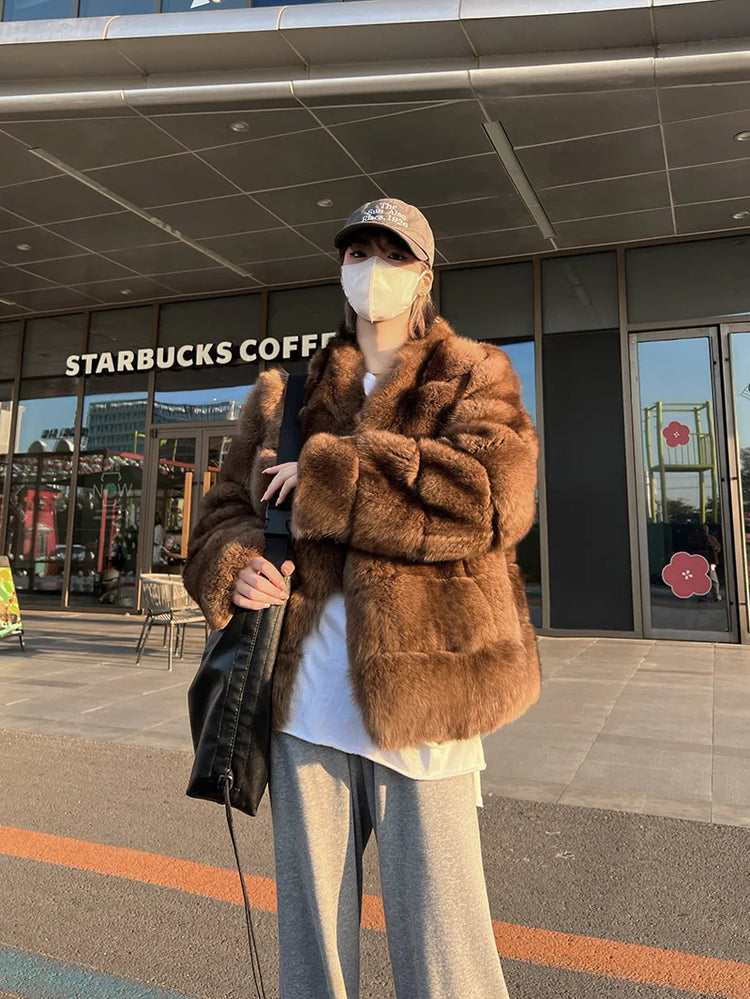 ZADORIN New Winter Faux Mink Coat Woman Elegant V Neck Long Sleeve Brown Faux Fur Coat Luxury Furry Jacket Woman Clothes Fur Top