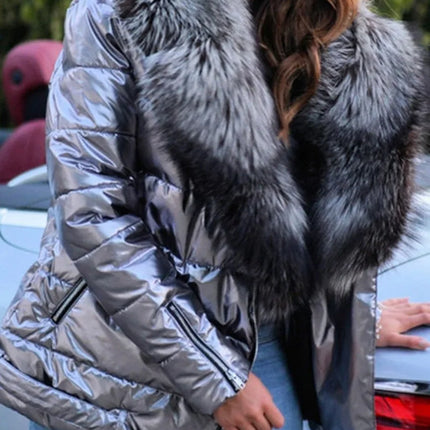 Ladies Winter Warm Shiny Short Coat Thick Fake Fur Collar Long Sleeve Jacket