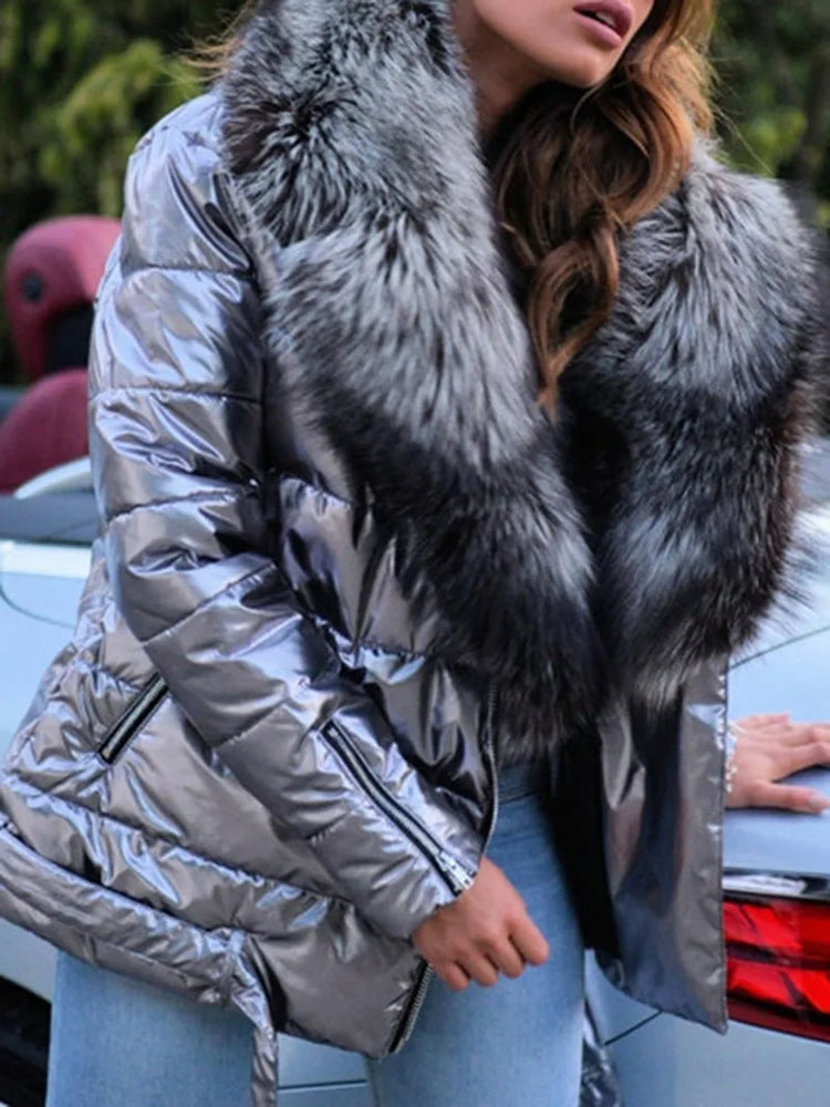Ladies Winter Warm Shiny Short Coat Thick Fake Fur Collar Long Sleeve Jacket