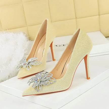 NUOVE Décolleté da donna con strass Tacchi alti a farfalla 10 CM Tacchi a spillo da donna in pelle scamosciata Scarpe da banchetto di lusso Scarpe da sposa di moda