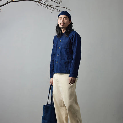 Vintage French Indigo Cargo Jacket Men Autumn Winter New Lapel Multi-pocket Blue Dyed Tooling Jacket Retro Casual Cardigan Coat