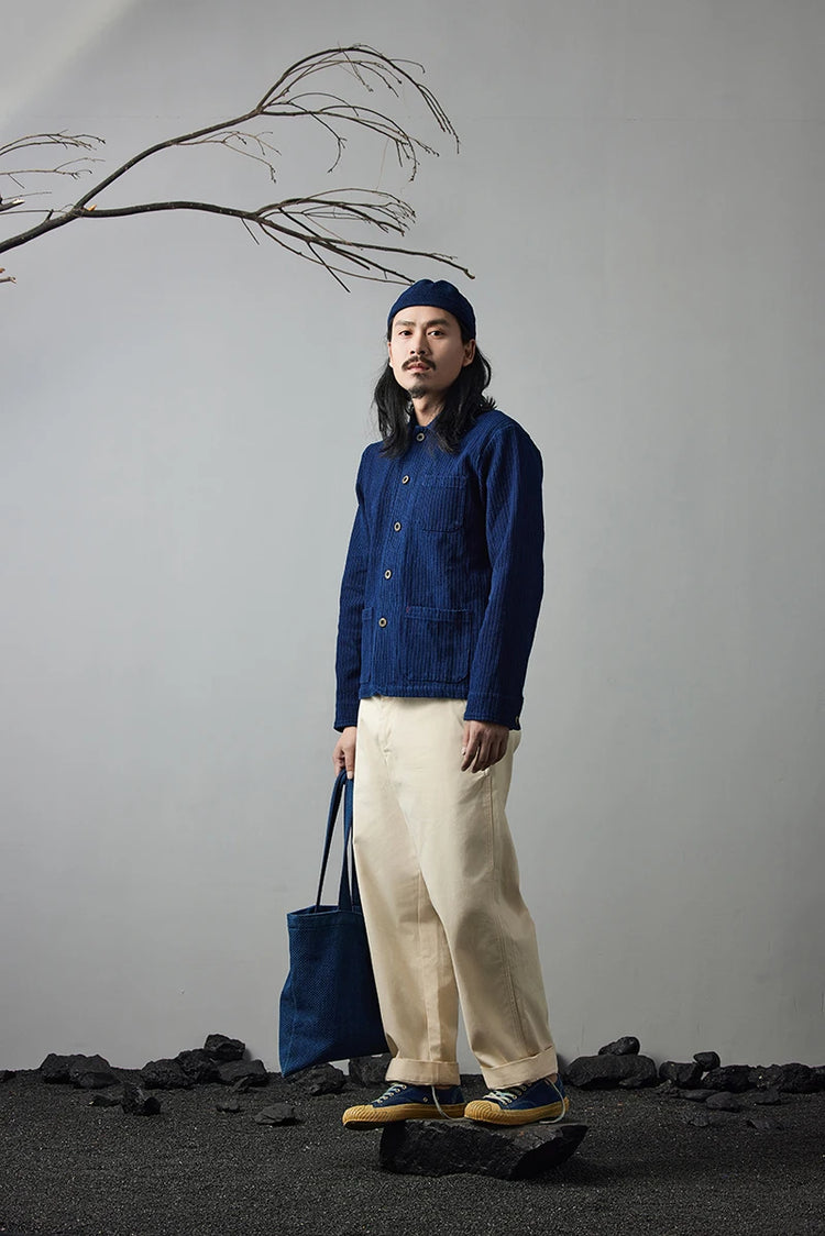 Vintage French Indigo Cargo Jacket Men Autumn Winter New Lapel Multi-pocket Blue Dyed Tooling Jacket Retro Casual Cardigan Coat