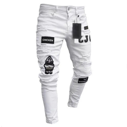 Bottoms 3 Styles Stretchy Ripped Skinny Biker Embroidery Print Jeans Destroyed Hole Slim Fit Scratched High Quality Jean PlatiNum