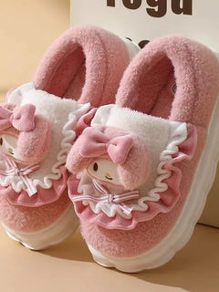 Women Cute Cartoon Plush Slippers Ruffled Lace Bow Warm Fuzzy Thick Non-Slip Sole Winter Indoor Bedroom Cozy House Shoes Girls