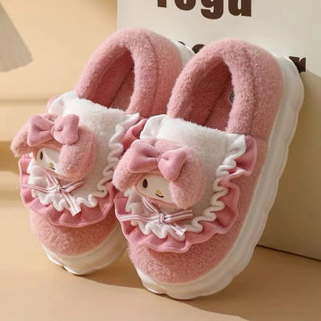 Women Cute Cartoon Plush Slippers Ruffled Lace Bow Warm Fuzzy Thick Non-Slip Sole Winter Indoor Bedroom Cozy House Shoes Girls
