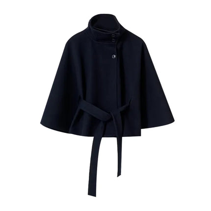 Elegant Women's Belt Short Woolen Coats Loose Stand Collar Single-breasted Long Sleeve Jacket 2026 Autumn Lady Commute Outwear