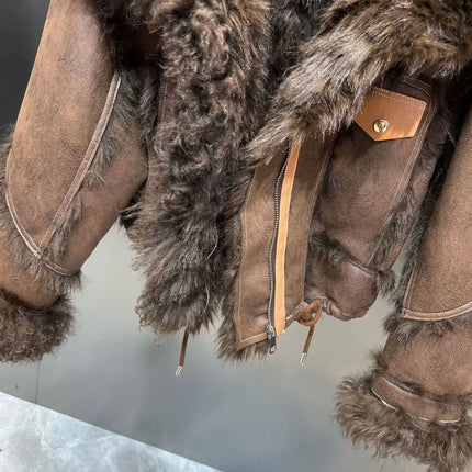 Winter Faux Lambskin Lapel Long-sleeved Inner Liner Thickened Fur One-piece Cotton-padded Jacket Street Fashion Warm Women Coat