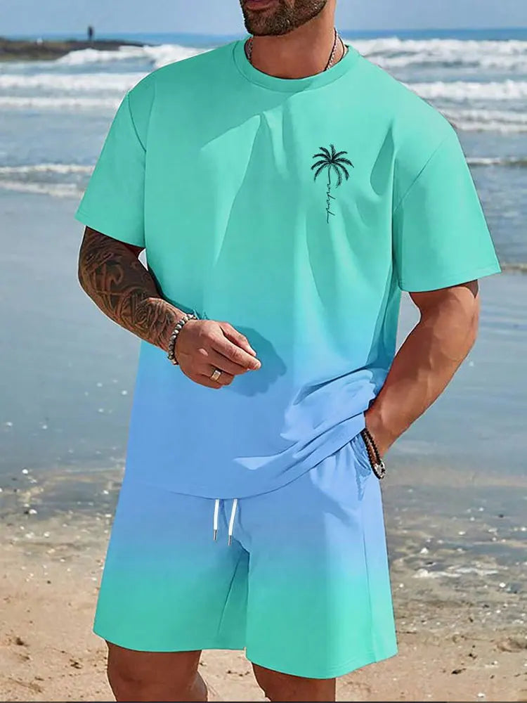 Pantaloncini a maniche corte da uomo con stampa sfumata Set Set di moda da uomo hawaiano T-shirt casual da uomo estiva Pantaloncini da uomo da spiaggia all'aperto