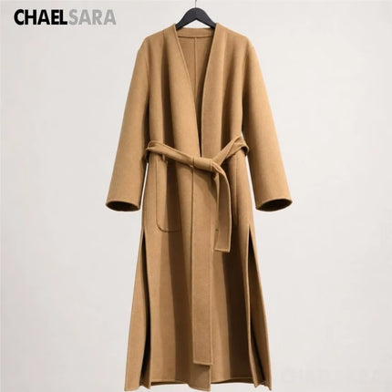 High Quality Women's Autumn Winter New Double-Sided 100% Wool Coat Fashion Belt Long Sleeves Pockets Elegance Overcoats Ladies
