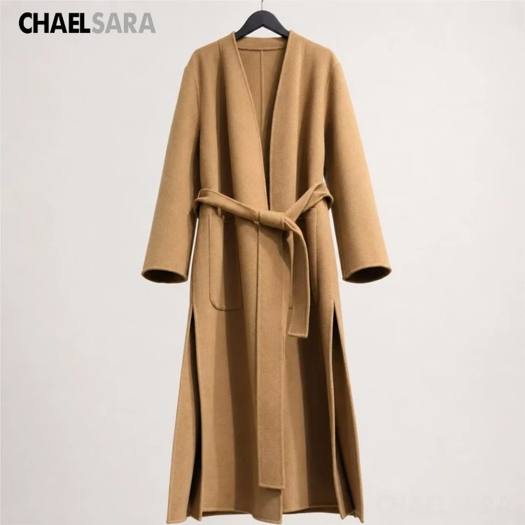 High Quality Women's Autumn Winter New Double-Sided 100% Wool Coat Fashion Belt Long Sleeves Pockets Elegance Overcoats Ladies