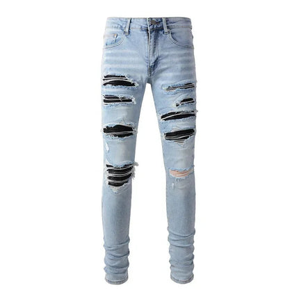High Street Jeans Patch Hand-worn Holes Slim Skinny Jeans for Men PlatiNum