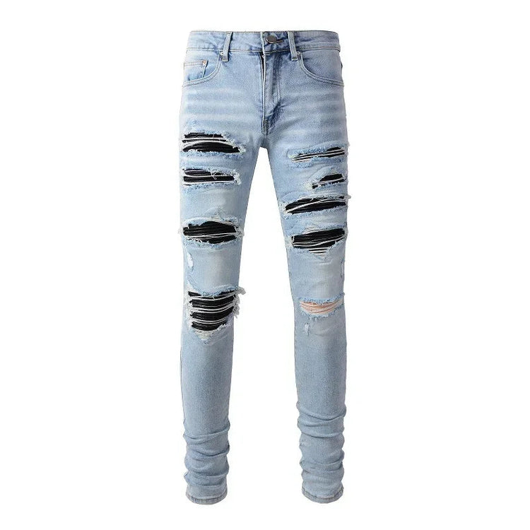 High Street Jeans Patch Hand-worn Holes Slim Skinny Jeans for Men PlatiNum