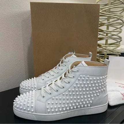 Black Studded Leather Rivets High-Top Sneakers Classic Designer Style Round Toe Men's Sports Shoes Comfort Lace-Up Casual Shoes