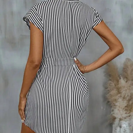 Summer New Striped Print Dress for Women 2024 Fashion V-Neck Sleeveless Lace-Up Short Skirt Elegant Office Lady Slim Dresses