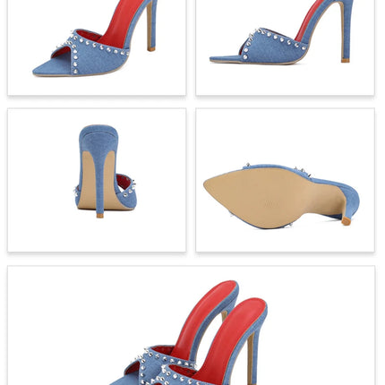 Liyke 2026 Mode d'été Rivet Métallique Designer Talons Hauts Pantoufles pour femmes Sexy Bout Pointu Fête Stripper Chaussures Sandales