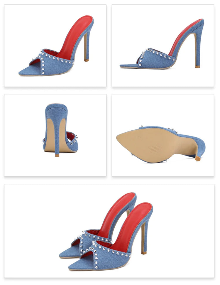 Liyke 2026 Moda Estiva Rivetto in metallo Designer Tacchi alti Pantofole da donna Sexy Punta a punta Party Stripper Scarpe Ciabatte Sandali