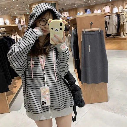 Cartoon Embroidery Women Hoodies Japanese Sweet Cute Cat Ears Striped Hooded Sweatshirts Harajuku Streetwear Loose Casual Coats