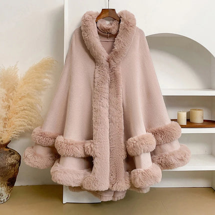 Luxury Women Faux Fur Trim Cape Coat Loose Batwing Poncho Shawl Fuzzy Fur Edge Warm Winter Outerwear Party Street Lady Coats