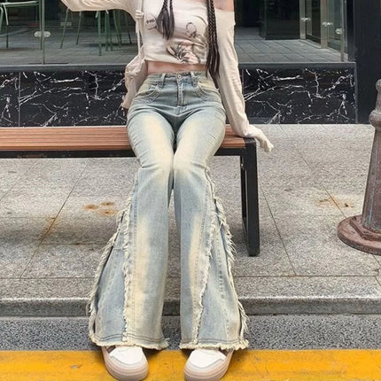 Jeans blu vintage da donna a vita alta americani retrò anni '90 materia prima design bordo Y2k pantaloni in denim streetwear jeans a gamba larga