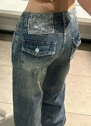 Jeans Baggy Y2K da Donna a Vita Bassa, Gamba Larga, in Denim Lavato Vintage, Pantaloni Larghi Streetwear con Dettaglio Unico Tasca Posteriore