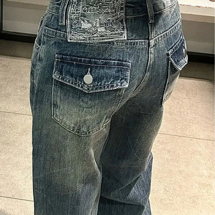Jeans Baggy Y2K da Donna a Vita Bassa, Gamba Larga, in Denim Lavato Vintage, Pantaloni Larghi Streetwear con Dettaglio Unico Tasca Posteriore