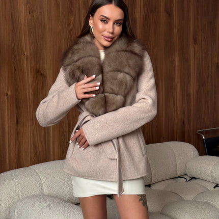 Solid Color Big Fur Collar Tied Woolen Jacket Fashion Waist Cinching Long Sleeved Short Coat 2026 Autumn Street Daily Clothing