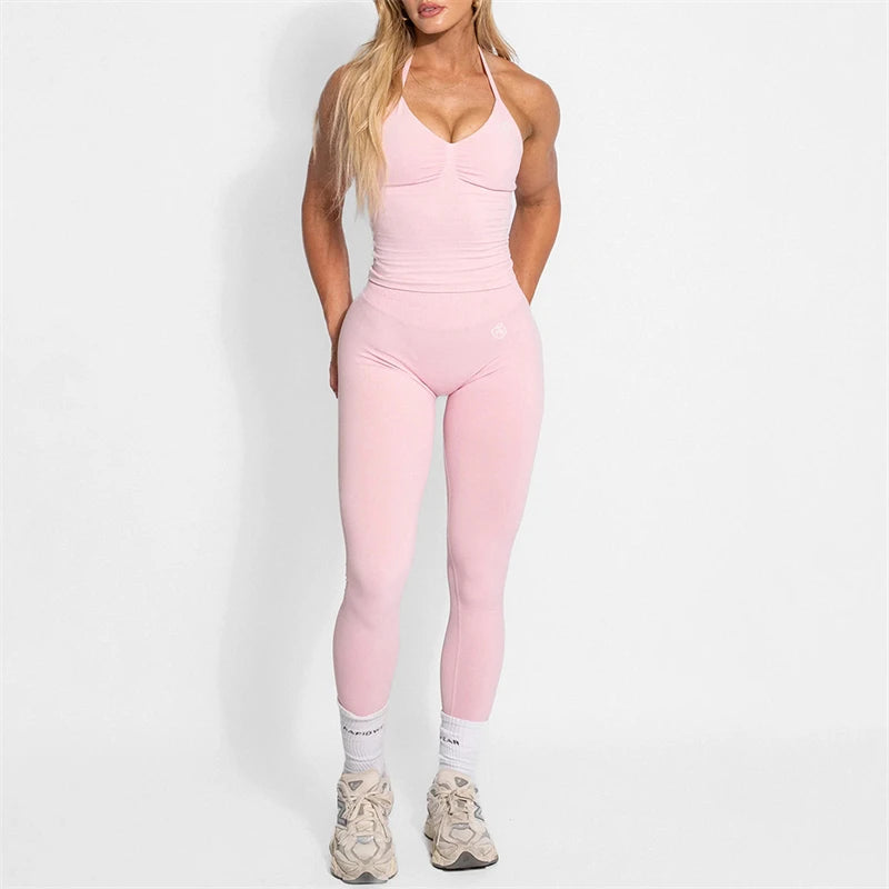 Women's Yoga Set Bum Balance Fitted Halter Tops & Shaping Pants 2pcs Yoga Sportwear Workout Gym Clothing High Waist Leggings Set