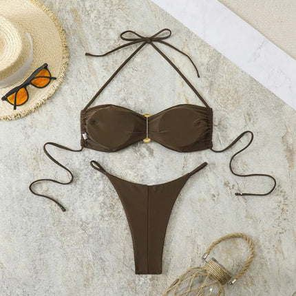 Costume da Bagno da Spiaggia alla Moda, Set Bikini a Perizoma per Donna, Sexy Costume da Bagno a Triangolo con Lacci, Due Pezzi, Stile Brasiliano, Tinta Unita platinumshop