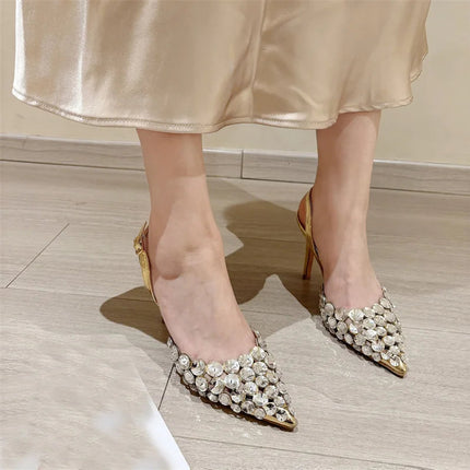 Hlieny Hollow Out Patent Leather Women Pumps Fashion Crystal Diamonds Pointed Toe Gold Silver High Heels Shoes Stiletto Sandals PlatiNum